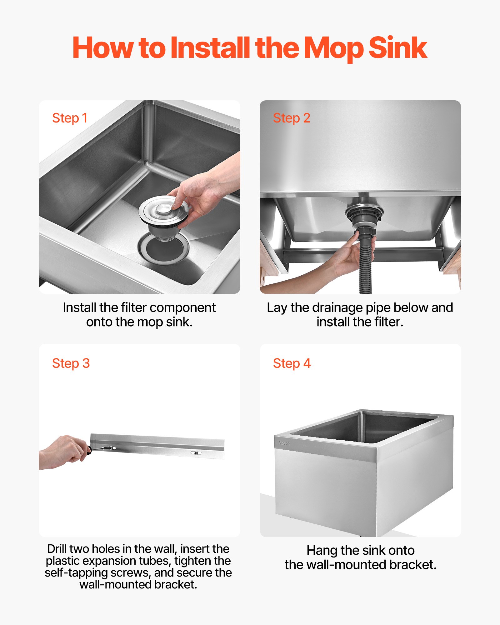 VEVOR Stainless Steel Floor Mop Sink, 22 x 19 x 12 in, 304 Stainless Steel, with 3-in-1 Filter and Wall-Mounted Bracket, X-Shaped Groove for Quick and Smooth Drainage, for Balcony and Bathroom