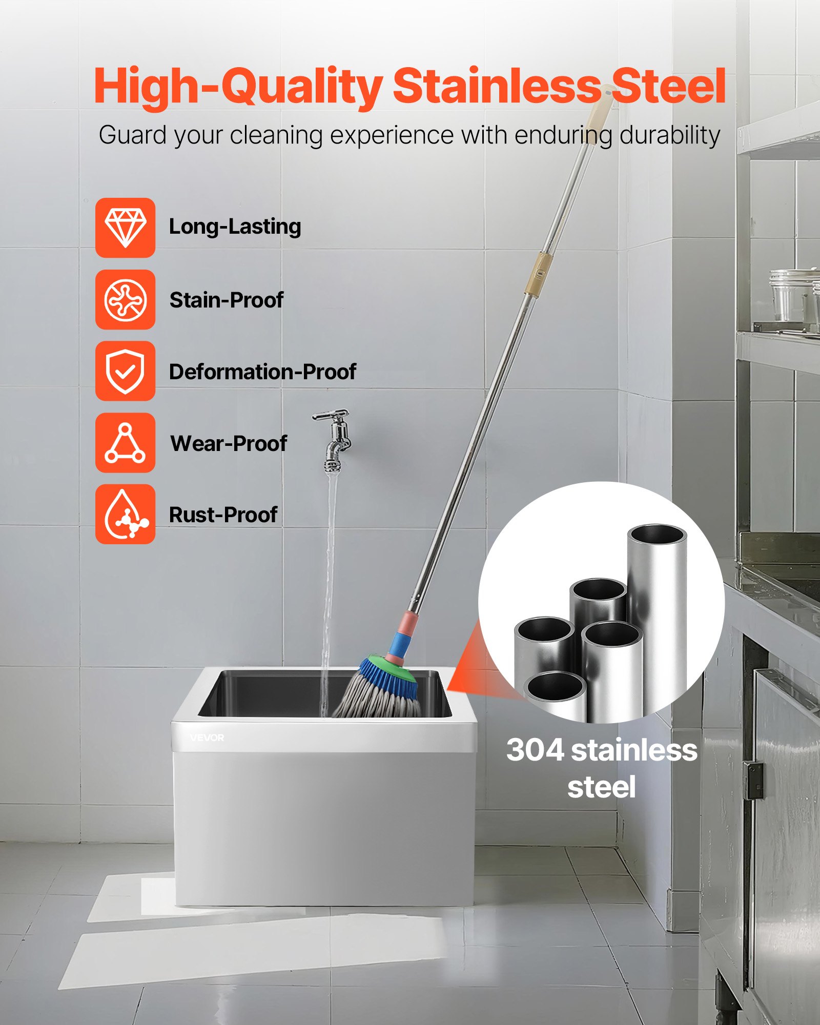 VEVOR Stainless Steel Floor Mop Sink, 22 x 19 x 12 in, 304 Stainless Steel, with 3-in-1 Filter and Wall-Mounted Bracket, X-Shaped Groove for Quick and Smooth Drainage, for Balcony and Bathroom