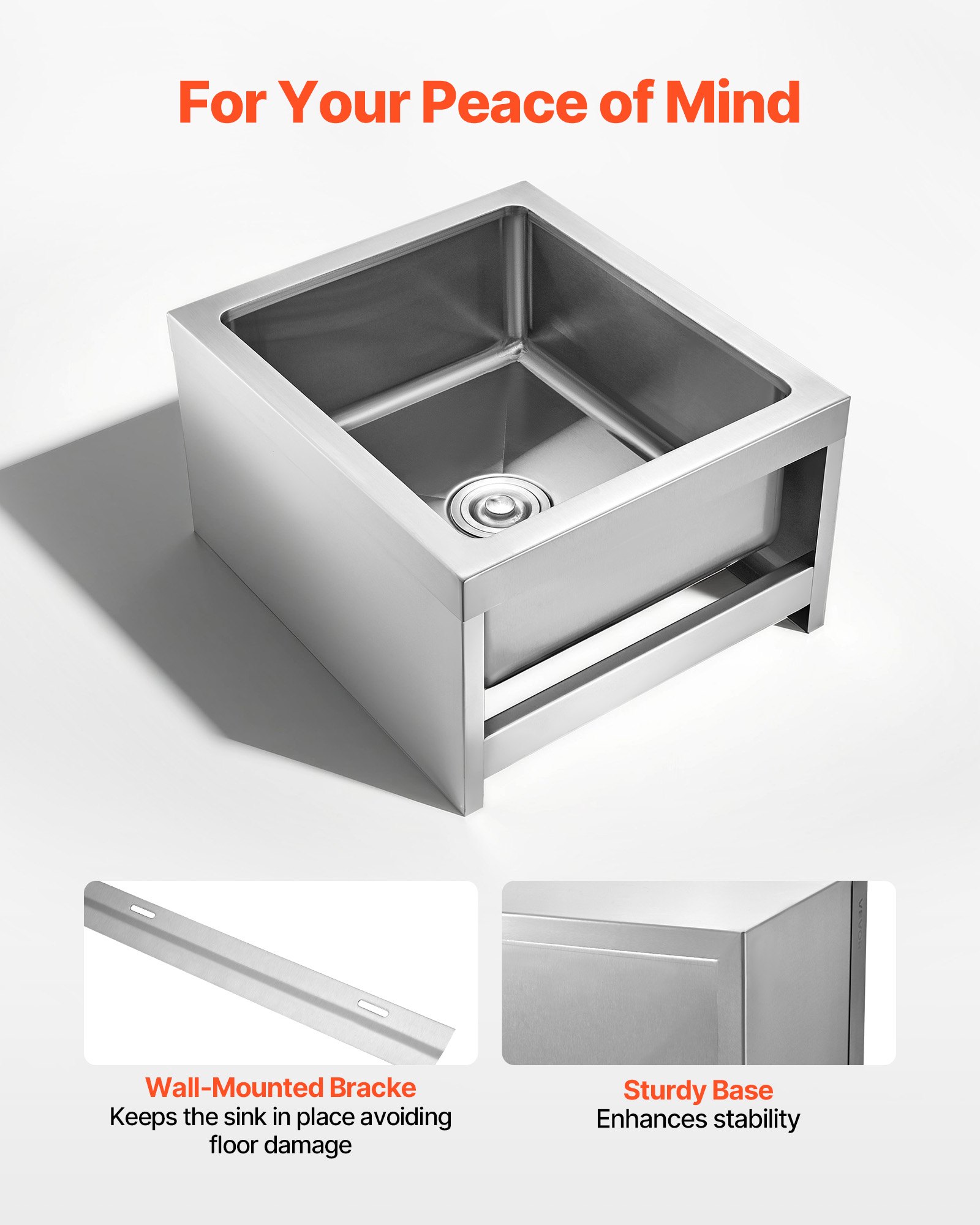 VEVOR Stainless Steel Floor Mop Sink, 22 x 19 x 12 in, 304 Stainless Steel, with 3-in-1 Filter and Wall-Mounted Bracket, X-Shaped Groove for Quick and Smooth Drainage, for Balcony and Bathroom