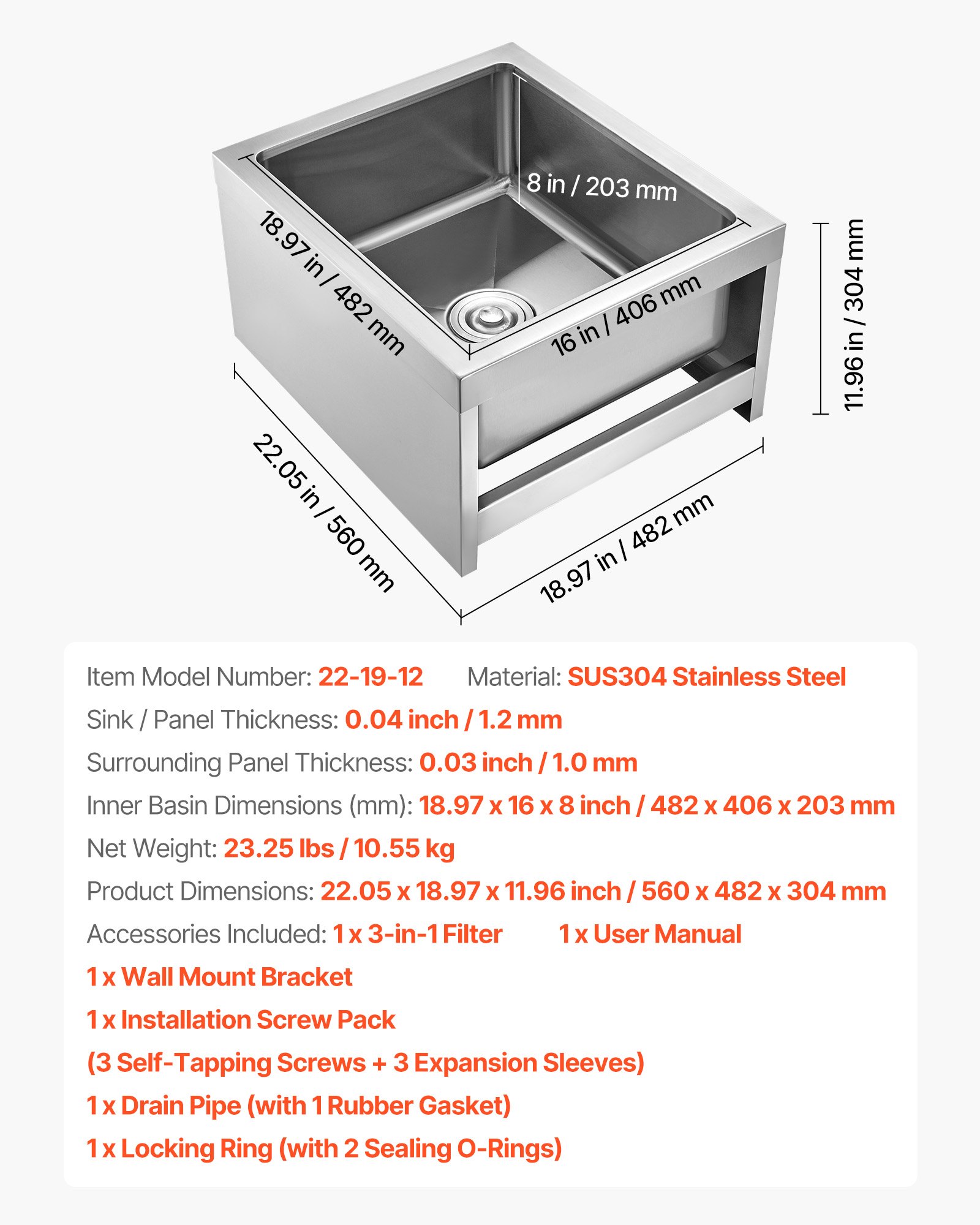 VEVOR Stainless Steel Floor Mop Sink, 22 x 19 x 12 in, 304 Stainless Steel, with 3-in-1 Filter and Wall-Mounted Bracket, X-Shaped Groove for Quick and Smooth Drainage, for Balcony and Bathroom