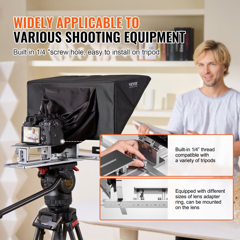 VEVOR Teleprompter, 16" Aluminum Alloy, Floor Type with Adjustable Angle Spectroscope, Remote Control, for YouTube, Twitch, Zoom, Supports DSLR/Webcam, for Video Recording/Live Streaming