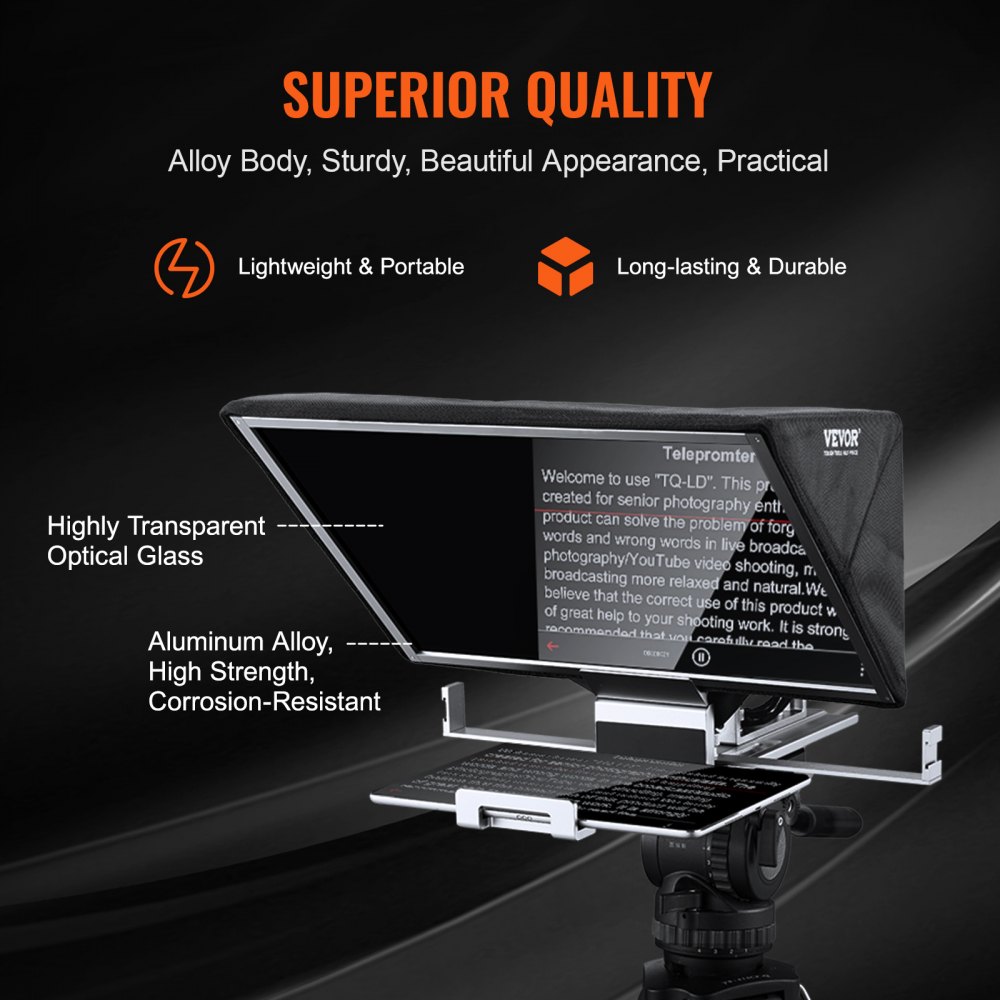 VEVOR Teleprompter, 16" Aluminum Alloy, Floor Type with Adjustable Angle Spectroscope, Remote Control, for YouTube, Twitch, Zoom, Supports DSLR/Webcam, for Video Recording/Live Streaming
