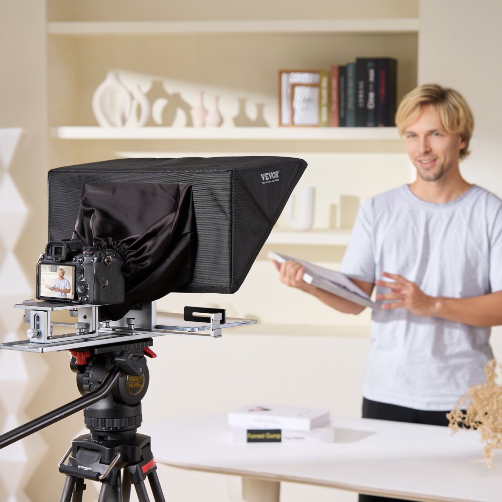 VEVOR Teleprompter, 16" Aluminum Alloy, Floor Type with Adjustable Angle Spectroscope, Remote Control, for YouTube, Twitch, Zoom, Supports DSLR/Webcam, for Video Recording/Live Streaming