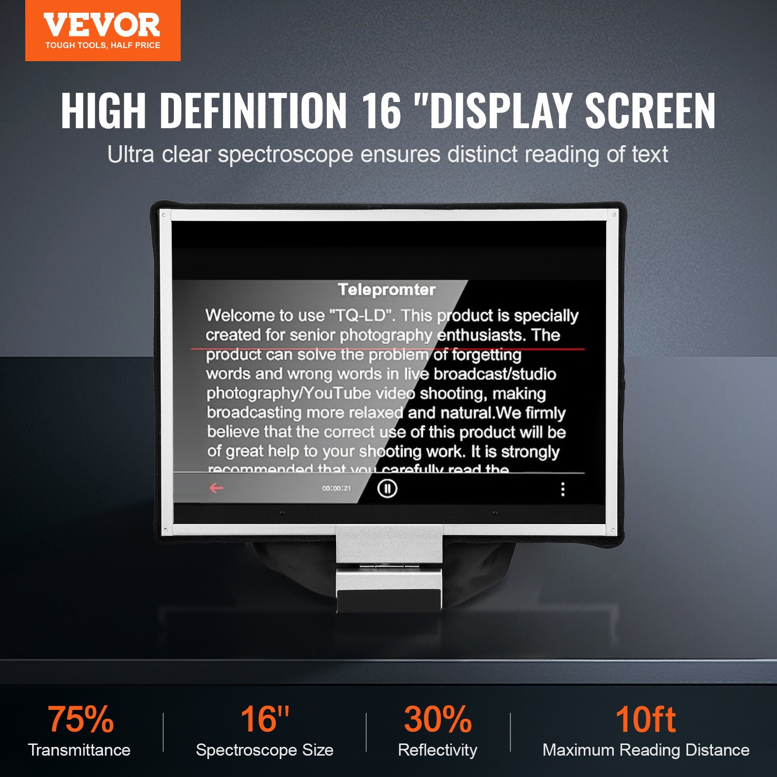 VEVOR Teleprompter, 16" Aluminum Alloy, Floor Type with Adjustable Angle Spectroscope, Remote Control, for YouTube, Twitch, Zoom, Supports DSLR/Webcam, for Video Recording/Live Streaming