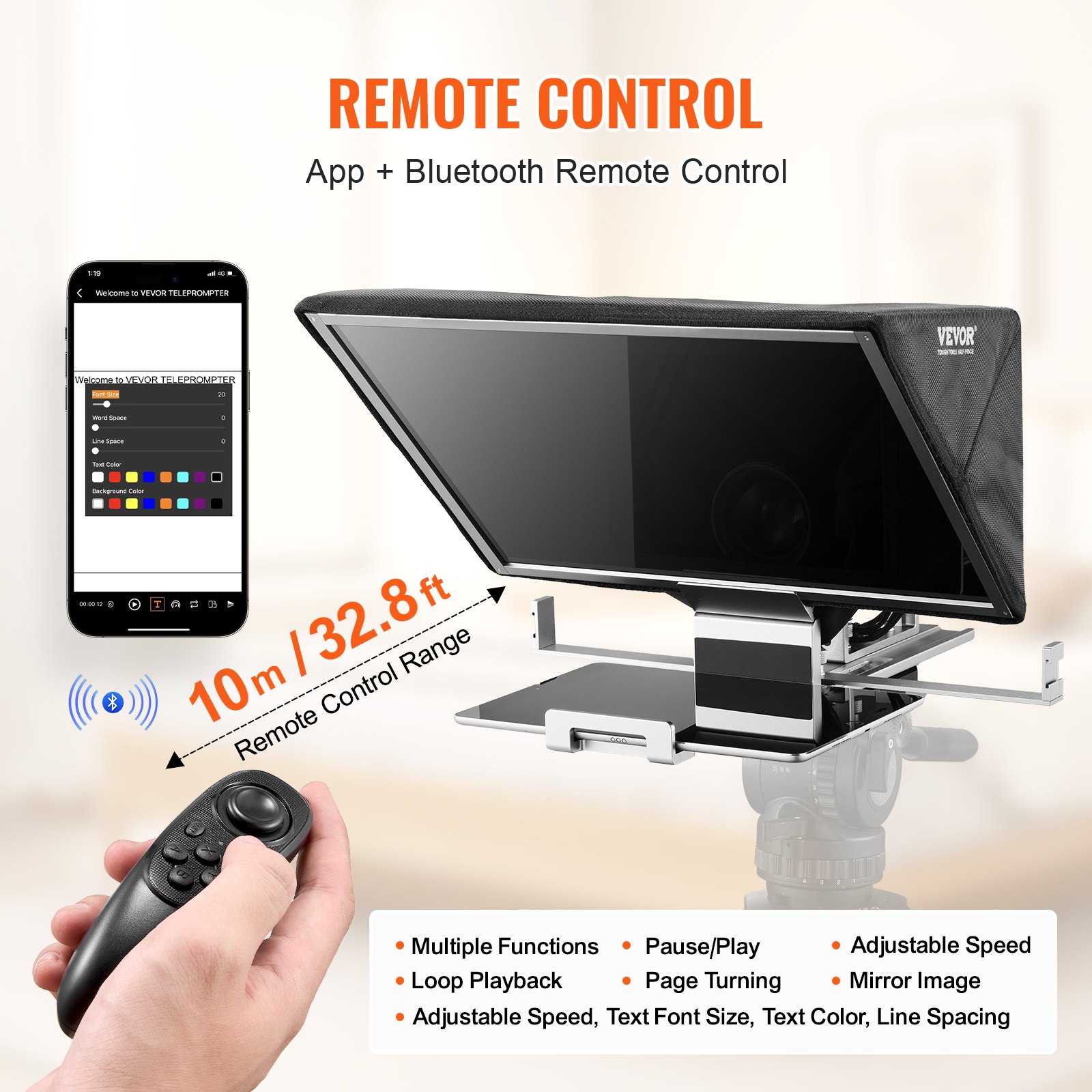 VEVOR Teleprompter, 16" Aluminum Alloy, Floor Type with Adjustable Angle Spectroscope, Remote Control, for YouTube, Twitch, Zoom, Supports DSLR/Webcam, for Video Recording/Live Streaming
