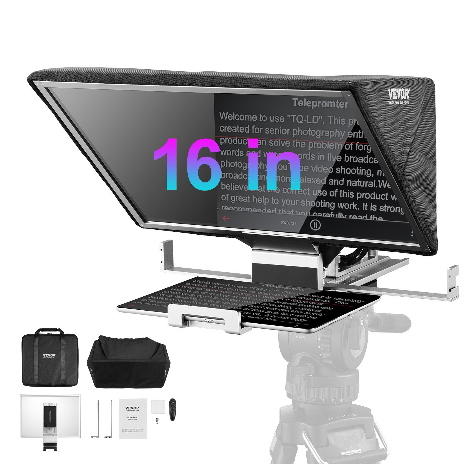 VEVOR Teleprompter, 16" Aluminum Alloy, Floor Type with Adjustable Angle Spectroscope, Remote Control, for YouTube, Twitch, Zoom, Supports DSLR/Webcam, for Video Recording/Live Streaming
