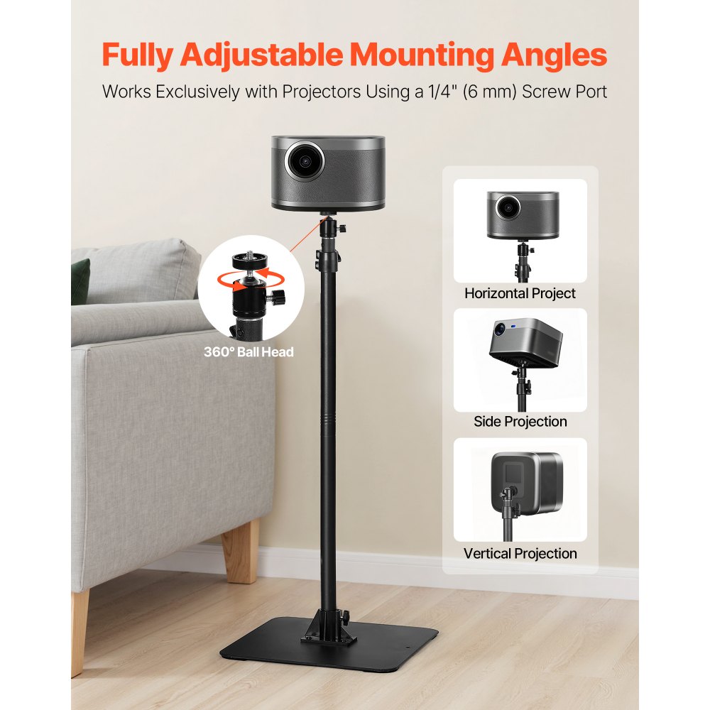 VEVOR Projector Stand, Projector Floor Stand with Adjustable Height 770 to 1610mm, 360° Horizontal Rotation Projectors Cart for Meetings, Outdoor Movies, Video Stand, Gimbal Mount or Tray Support