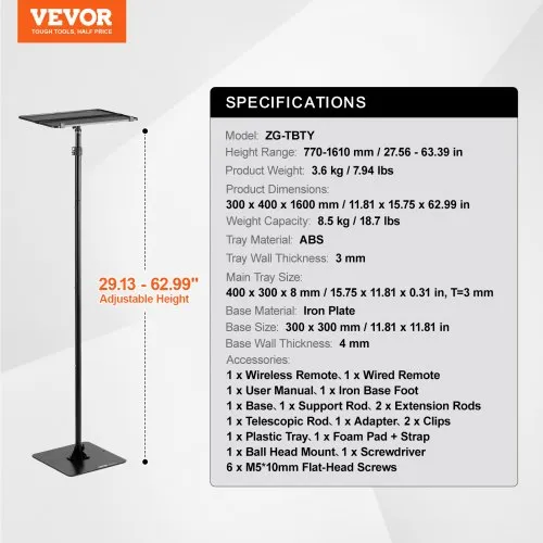 Metal Adjustable Tripod Stand With Tray Laptop Projector Outdoor Home Office EBa