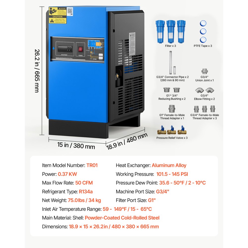 VEVOR Compressed Air Dryer, 50CFM Refrigerated Air Dryer, 120V 60Hz Industrial Refrigerated Air-Drying System for 10HP Compressors - with Color Screen Control Panel and Automatic Drainage