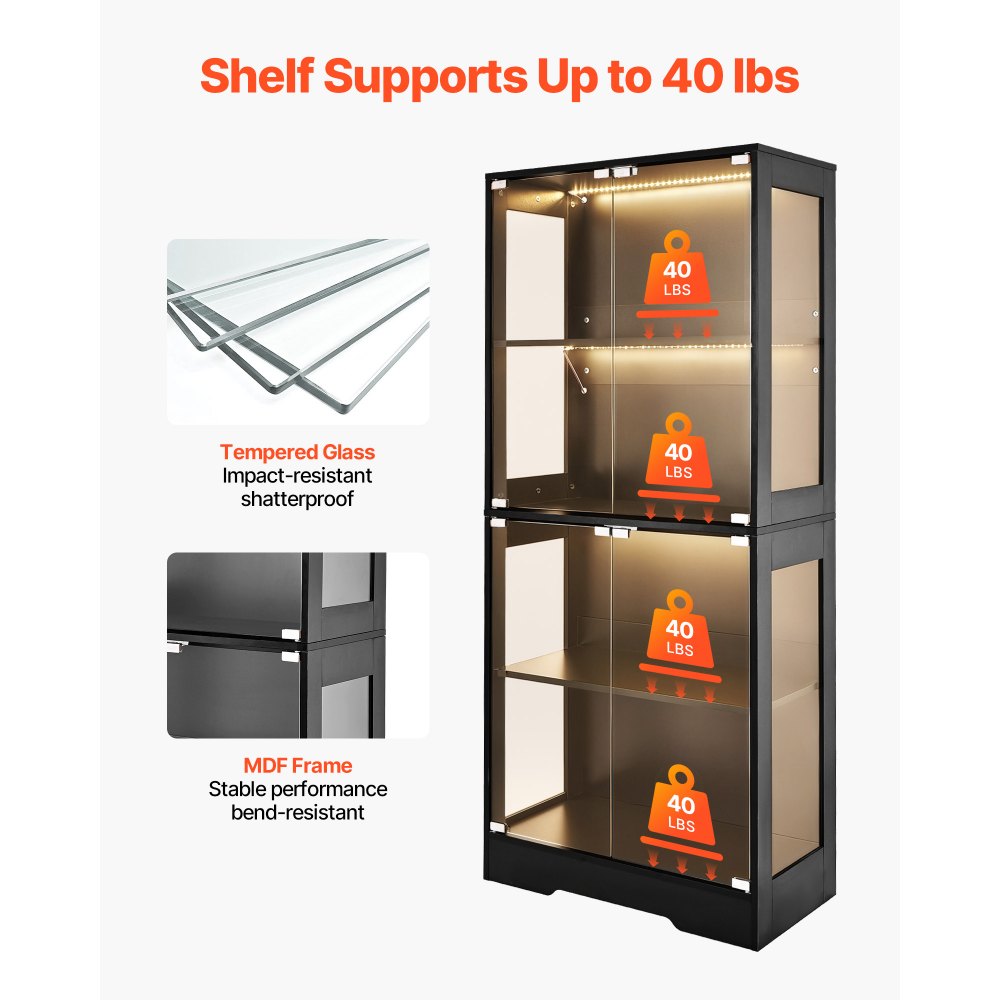 VEVOR Display Cabinet with Glass Doors, 65 in Tall Lighted Display Case with 3 Color Lights, 4-Tier Curio Collectibles Storage Cabinet, Bookshelf Bookcase for Pantry Bedroom Living Room Office