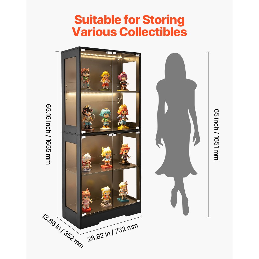 VEVOR Display Cabinet with Glass Doors, 65 in Tall Lighted Display Case with 3 Color Lights, 4-Tier Curio Collectibles Storage Cabinet, Bookshelf Bookcase for Pantry Bedroom Living Room Office