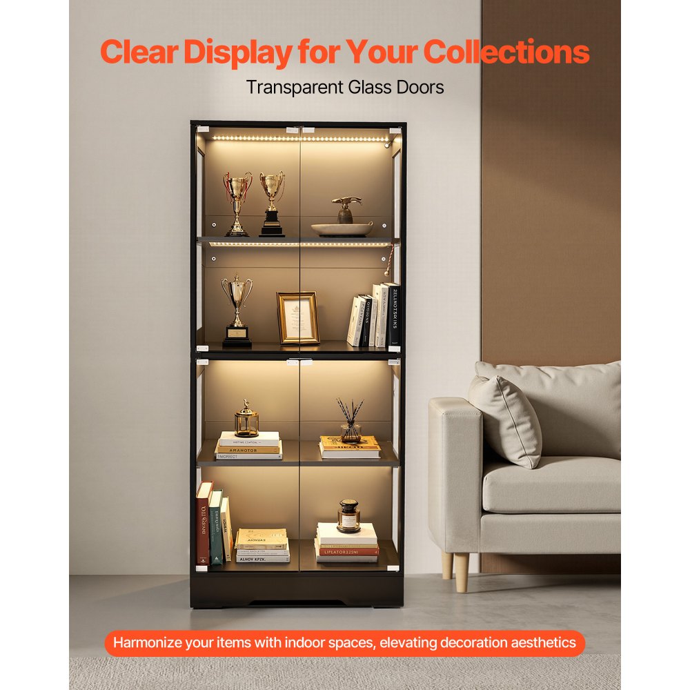 VEVOR Display Cabinet with Glass Doors, 65 in Tall Lighted Display Case with 3 Color Lights, 4-Tier Curio Collectibles Storage Cabinet, Bookshelf Bookcase for Pantry Bedroom Living Room Office