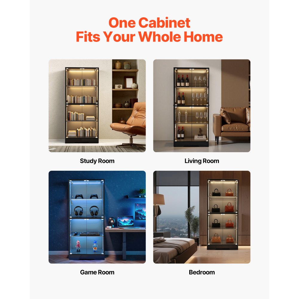VEVOR Display Cabinet with Glass Doors, 65 in Tall Lighted Display Case with 3 Color Lights, 4-Tier Curio Collectibles Storage Cabinet, Bookshelf Bookcase for Pantry Bedroom Living Room Office