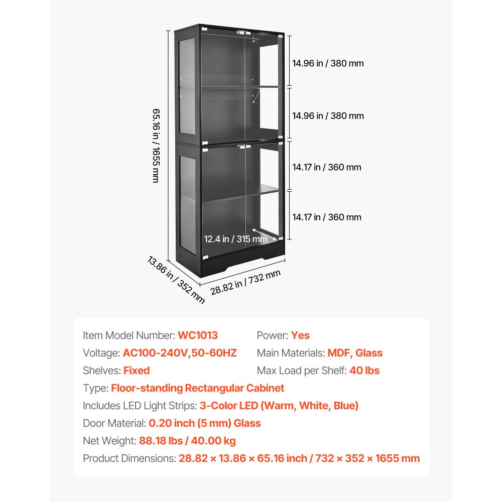 VEVOR Display Cabinet with Glass Doors, 65 in Tall Lighted Display Case with 3 Color Lights, 4-Tier Curio Collectibles Storage Cabinet, Bookshelf Bookcase for Pantry Bedroom Living Room Office