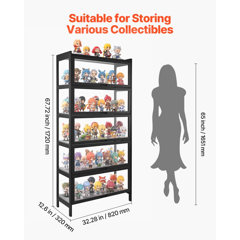 VEVOR Display Cabinet with Acrylic Doors, 68 in Tall 5-Tier Curio Cabinet, Natural Wooden Fame, Collectibles Toy Organizers Rack & Display Case, Bookshelf for Home, Office, Playroom, Living Room