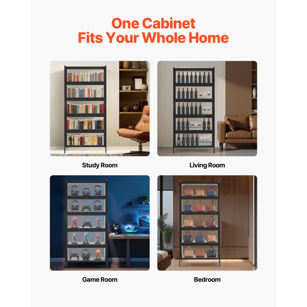 VEVOR Display Cabinet with Acrylic Doors, 68 in Tall 5-Tier Curio Cabinet, Natural Wooden Fame, Collectibles Toy Organizers Rack & Display Case, Bookshelf for Home, Office, Playroom, Living Room