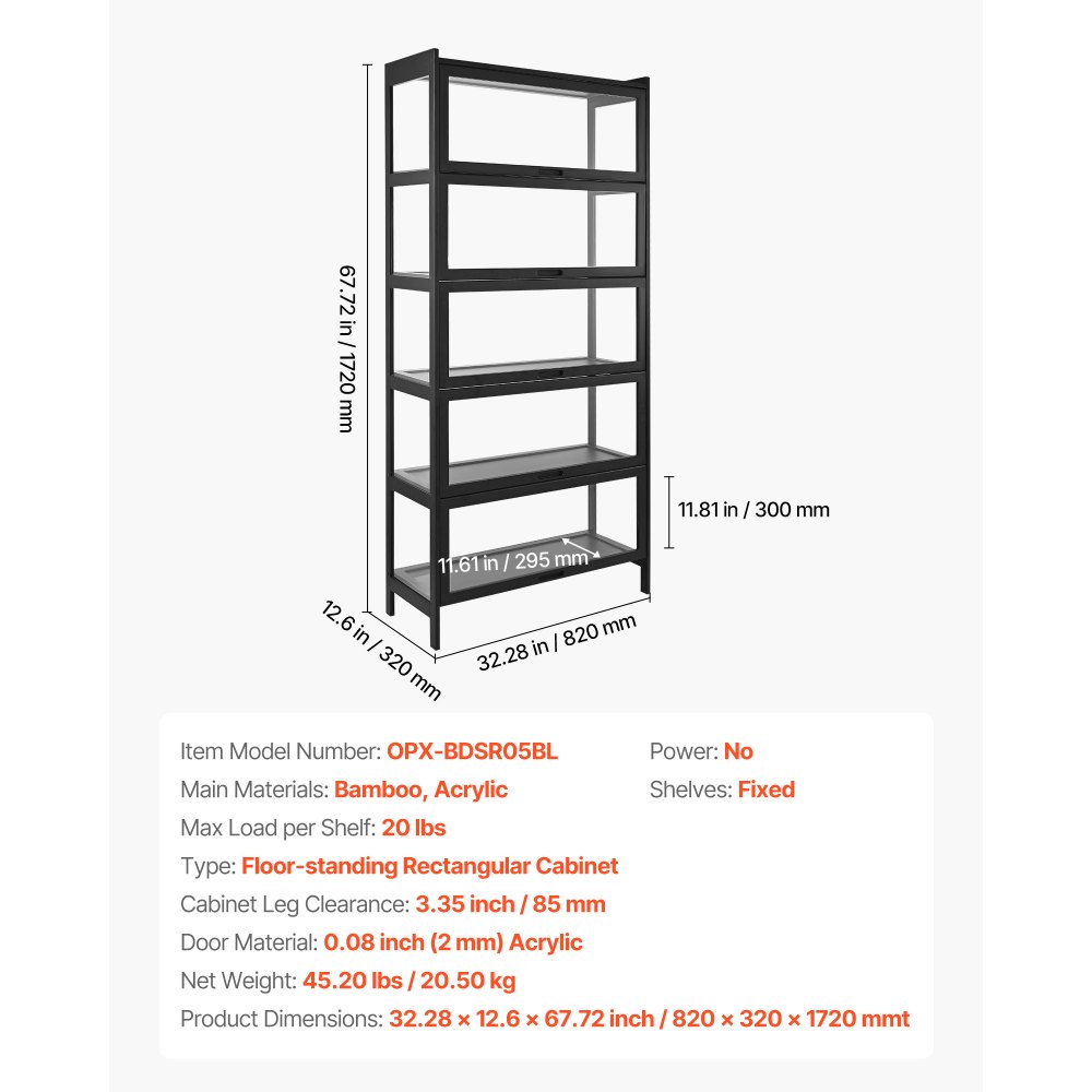 VEVOR Display Cabinet with Acrylic Doors, 68 in Tall 5-Tier Curio Cabinet, Natural Wooden Fame, Collectibles Toy Organizers Rack & Display Case, Bookshelf for Home, Office, Playroom, Living Room
