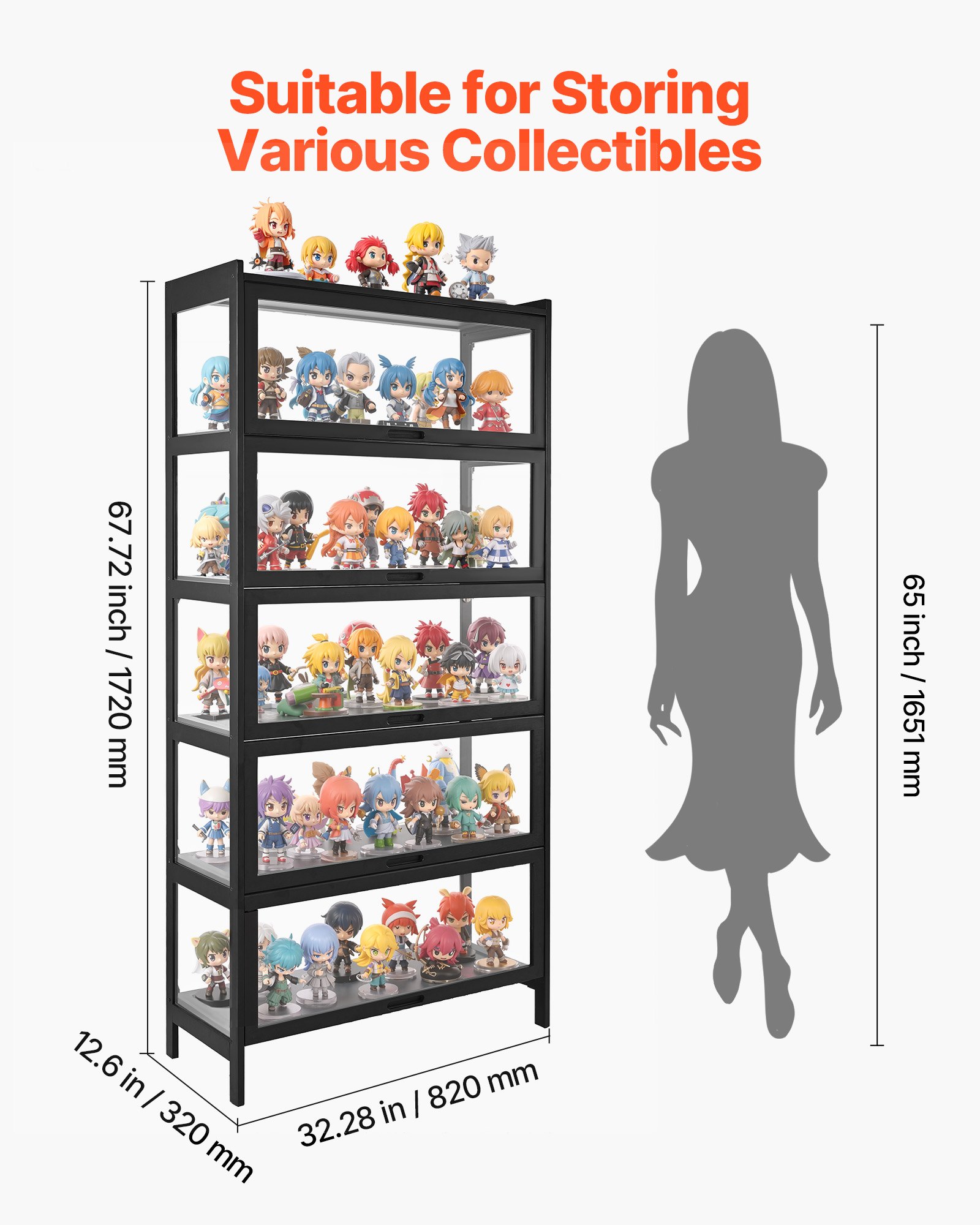 VEVOR Display Cabinet with Acrylic Doors, 68 in Tall 5-Tier Curio Cabinet, Natural Wooden Fame, Collectibles Toy Organizers Rack & Display Case, Bookshelf for Home, Office, Playroom, Living Room