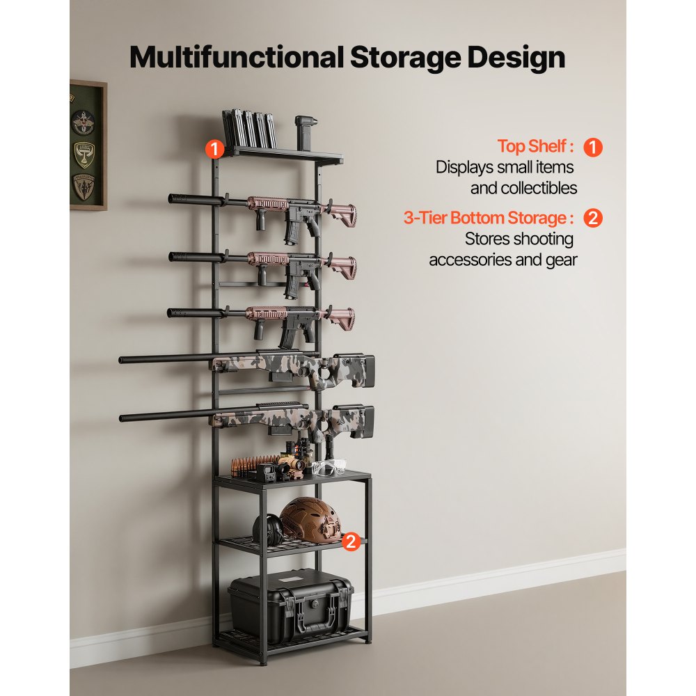 VEVOR Gun Rack, Floor Standing, Indoor Rifle Shotgun Rack Stand with Storage Shelf, for Wall Mount Gun Display Stand, Holds up to 5 Rifles, Heavy Duty Steel, for Home Garage Hunting Long Guns Storage