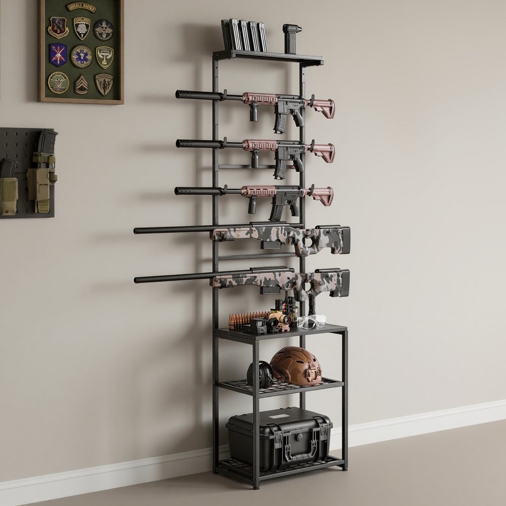 VEVOR Gun Rack, Floor Standing, Indoor Rifle Shotgun Rack Stand with Storage Shelf, for Wall Mount Gun Display Stand, Holds up to 5 Rifles, Heavy Duty Steel, for Home Garage Hunting Long Guns Storage
