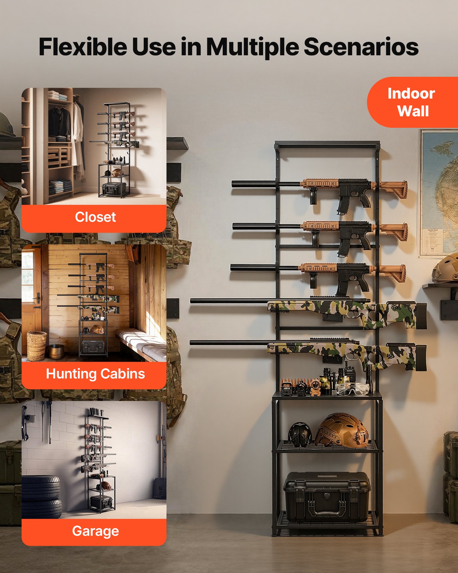 VEVOR Gun Rack, Floor Standing, Indoor Rifle Shotgun Rack Stand with Storage Shelf, for Wall Mount Gun Display Stand, Holds up to 5 Rifles, Heavy Duty Steel, for Home Garage Hunting Long Guns Storage