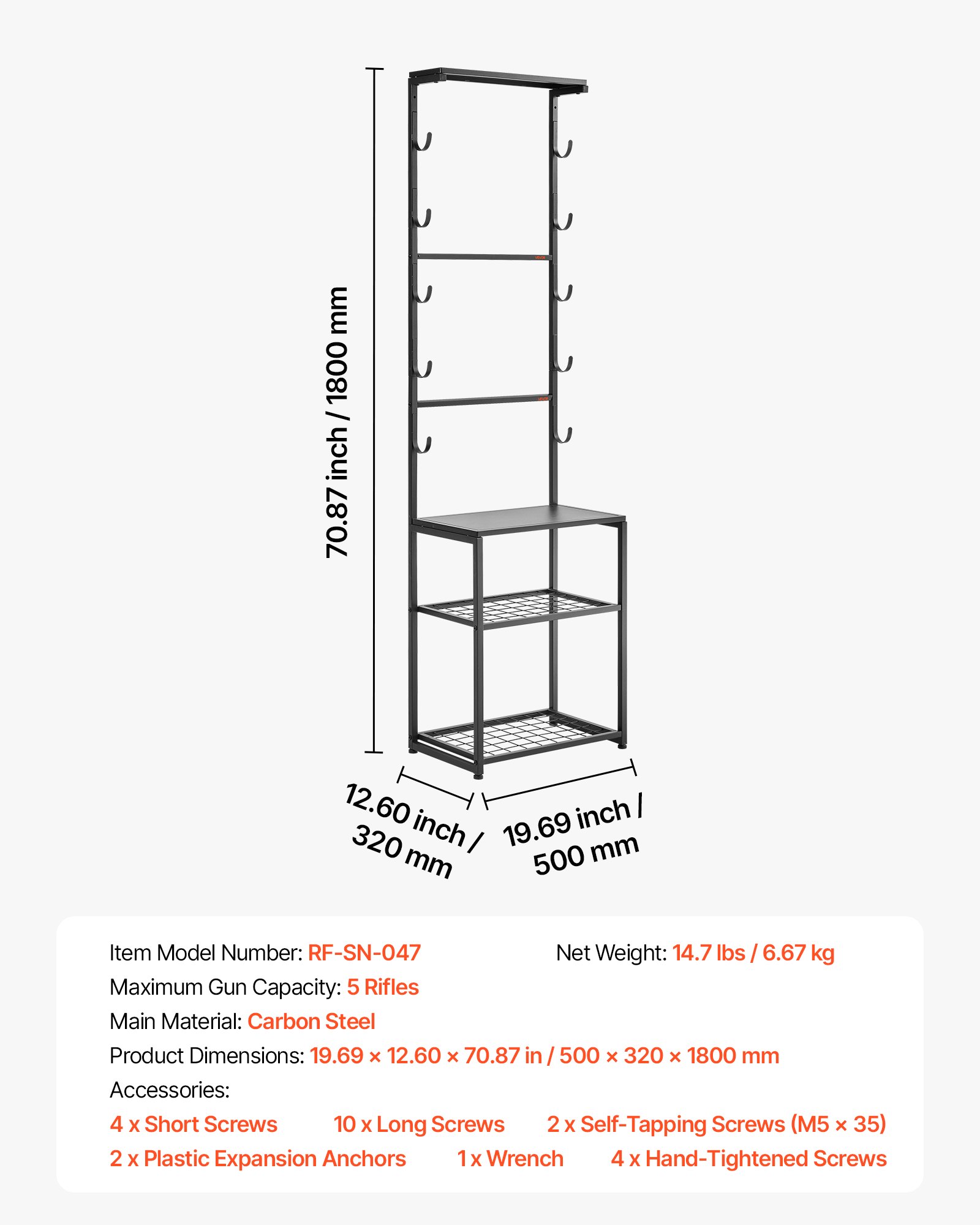 VEVOR Gun Rack, Floor Standing, Indoor Rifle Shotgun Rack Stand with Storage Shelf, for Wall Mount Gun Display Stand, Holds up to 5 Rifles, Heavy Duty Steel, for Home Garage Hunting Long Guns Storage