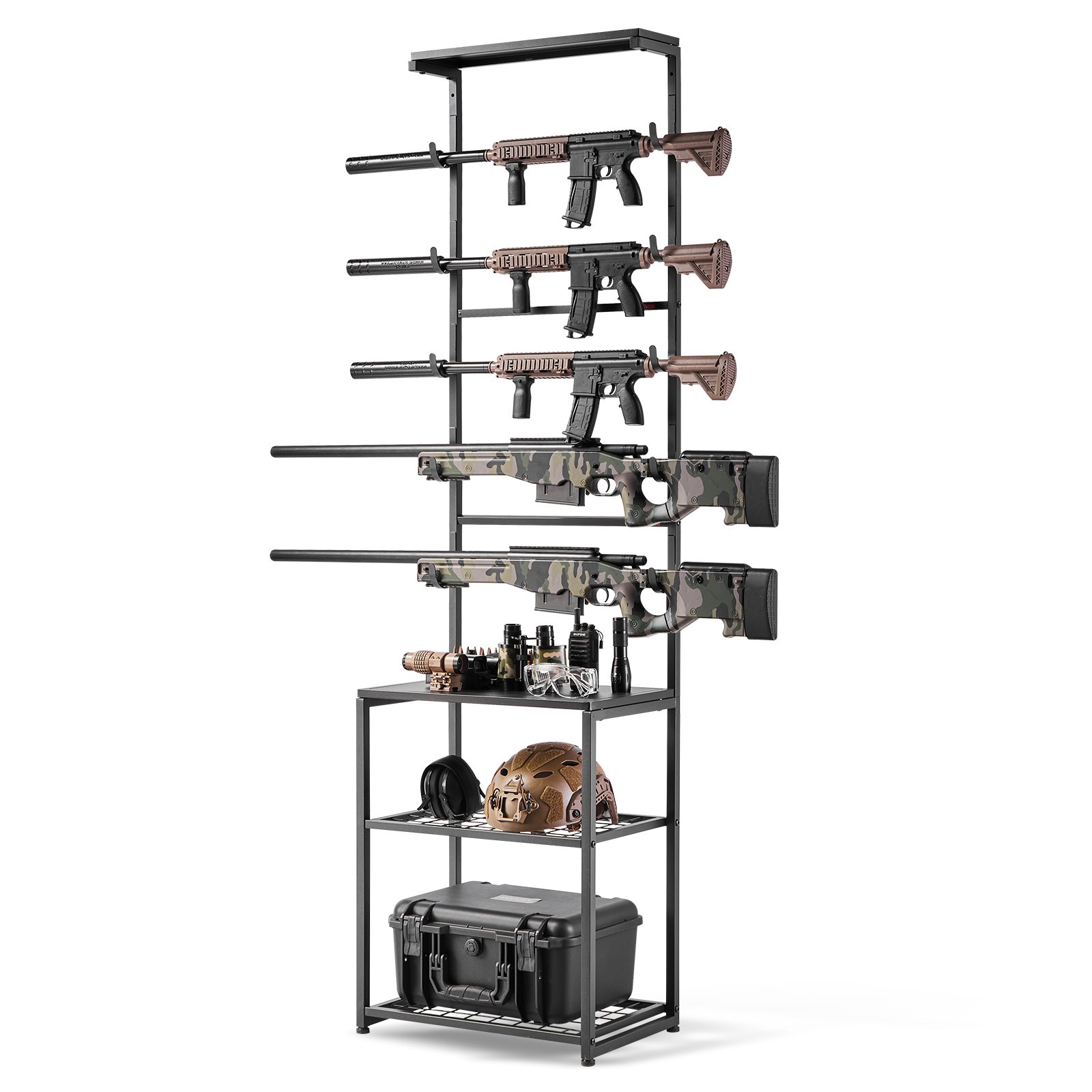 VEVOR Gun Rack, Floor Standing, Indoor Rifle Shotgun Rack Stand with Storage Shelf, for Wall Mount Gun Display Stand, Holds up to 5 Rifles, Heavy Duty Steel, for Home Garage Hunting Long Guns Storage
