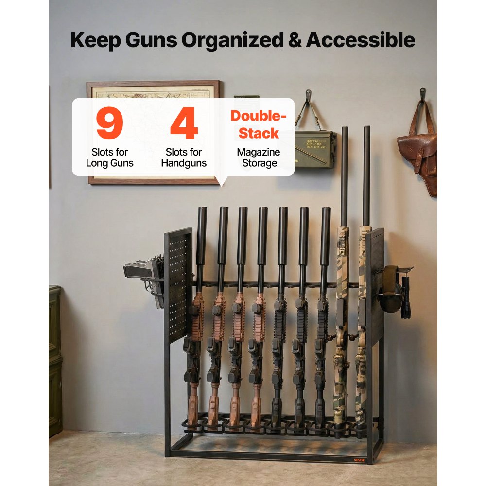 VEVOR Gun Rack, Floor Standing, Indoor Heavy Duty Steel Rifle Shotgun Rack Stand, Freestanding Gun Display Storage with Magazine Holder, Holds up to 9 Rifles and 4 Pistols, for Home Garage Storage