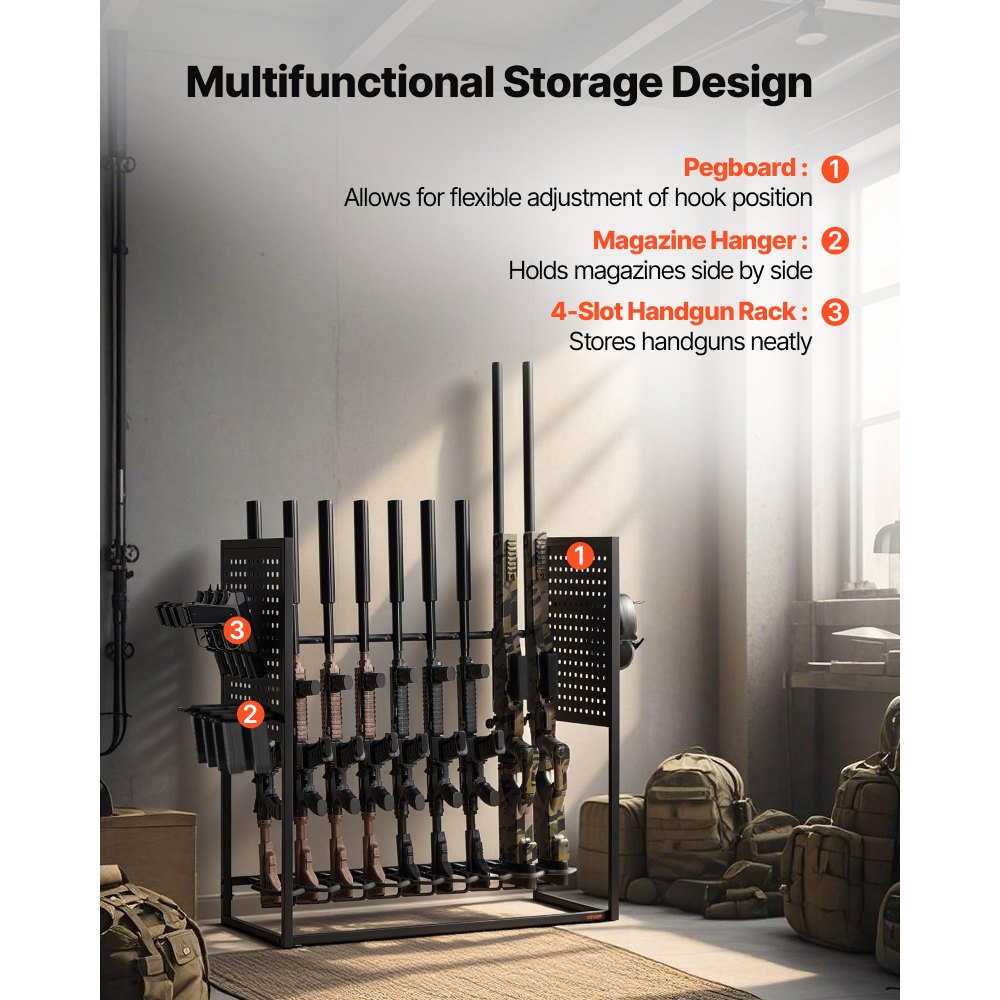 VEVOR Gun Rack, Floor Standing, Indoor Heavy Duty Steel Rifle Shotgun Rack Stand, Freestanding Gun Display Storage with Magazine Holder, Holds up to 9 Rifles and 4 Pistols, for Home Garage Storage