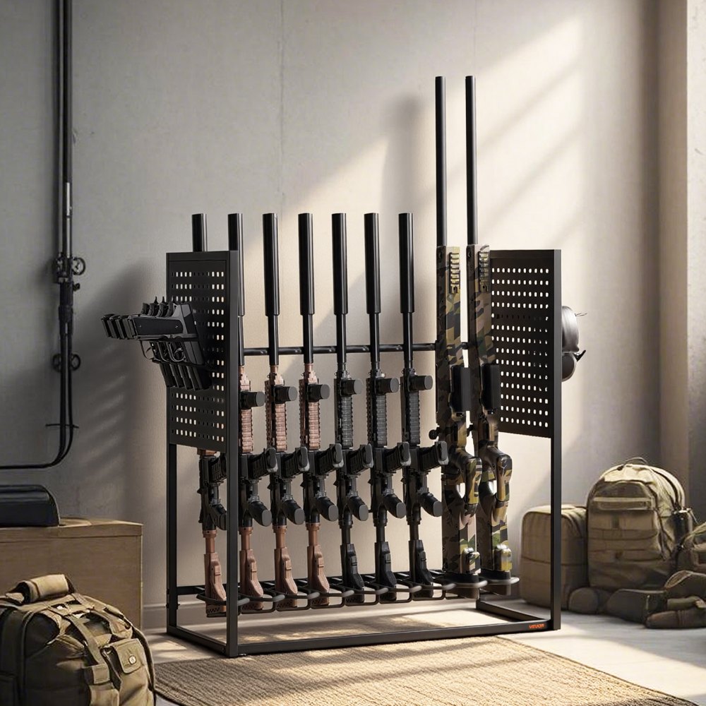 VEVOR Gun Rack, Floor Standing, Indoor Heavy Duty Steel Rifle Shotgun Rack Stand, Freestanding Gun Display Storage with Magazine Holder, Holds up to 9 Rifles and 4 Pistols, for Home Garage Storage