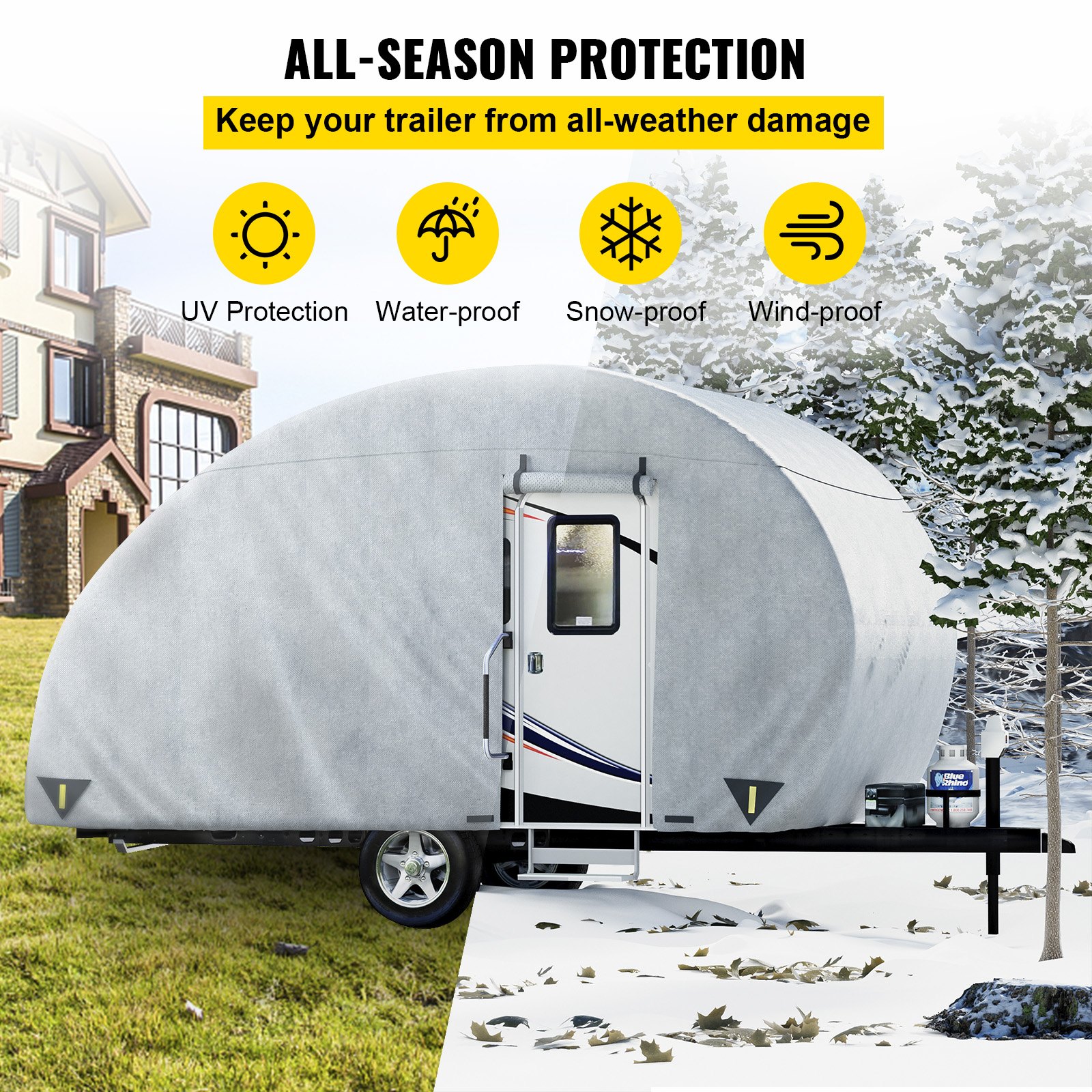 VEVOR Teardrop Trailer Cover, Fit for 10' - 12' Trailers, Upgraded Non-Woven 4 Layers Camper Cover, UV-proof Waterproof Travel Trailer Cover w/ 2 Wind-proof Straps and 1 Storage Bag