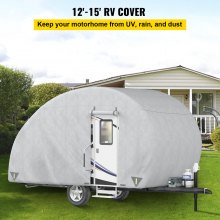 VEVOR Teardrop Trailer Cover, Fit for 12\' - 15\' Trailers, Upgraded Non-Woven 4 Layers Camper Cover, UV-Proof Waterproof Travel Trailer Cover w/ 2 Wind-Proof Straps and 1 Storage Bag