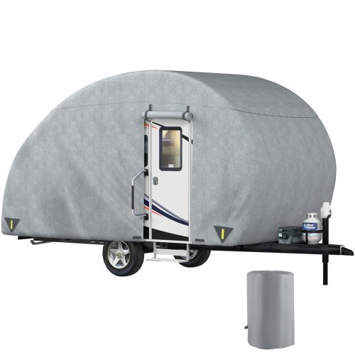 VEVOR Teardrop Trailer Cover, Fit for 18\' - 20\' Trailers, Upgraded Non-Woven 4 Layers Camper Cover, UV-proof Waterproof Travel Trailer Cover w/ 2 Wind-proof Straps, 1 Storage Bag and 1 Front Gate