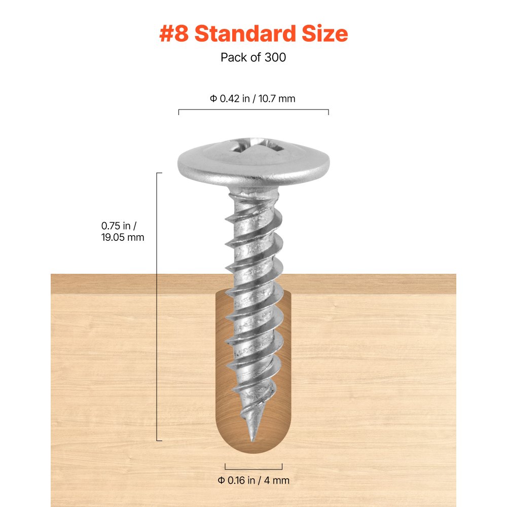 VEVOR Screws, #8 x 3/4 inch Length Self Drilling Drywall to Wood Screw, All Purpose High-Hardness Stainless Steel Wall Anchors with a Phillips Drill Bit, Cross Slot for Home Renovation(300 per Box)