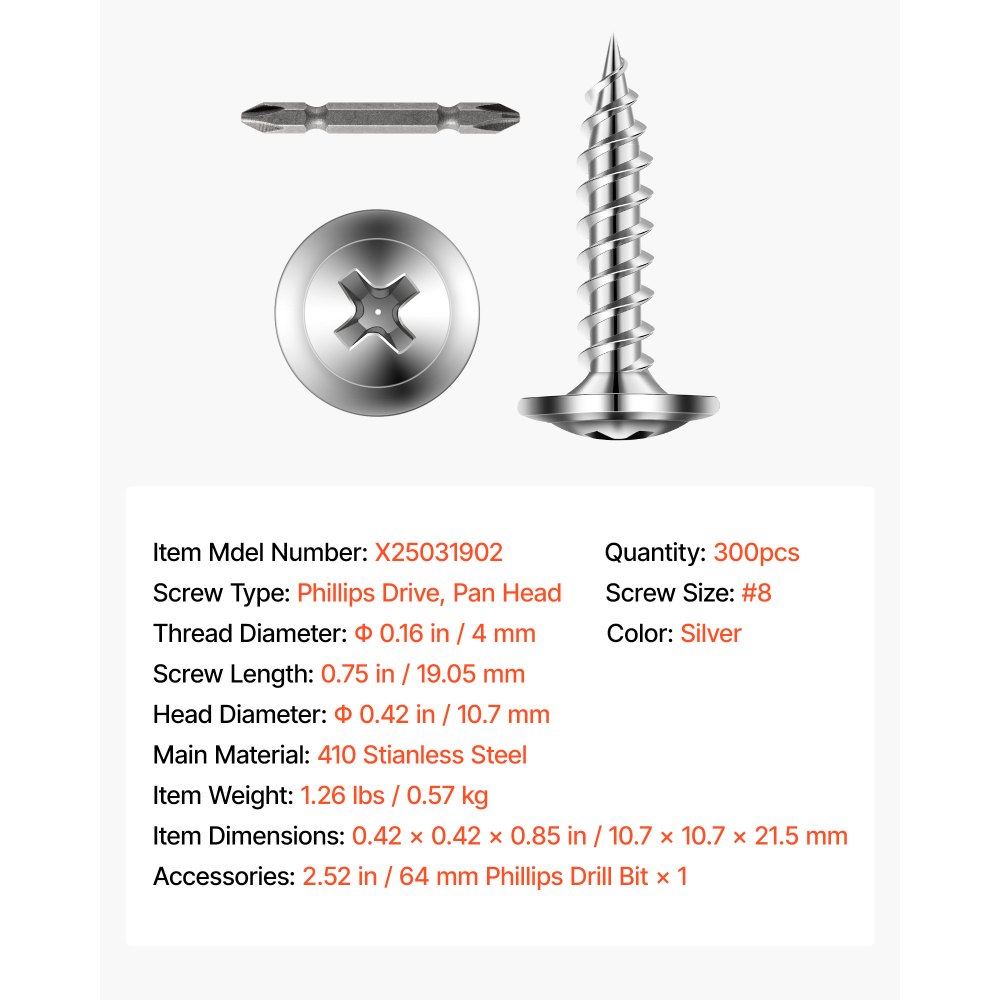 VEVOR Screws, #8 x 3/4 inch Length Self Drilling Drywall to Wood Screw, All Purpose High-Hardness Stainless Steel Wall Anchors with a Phillips Drill Bit, Cross Slot for Home Renovation(300 per Box)