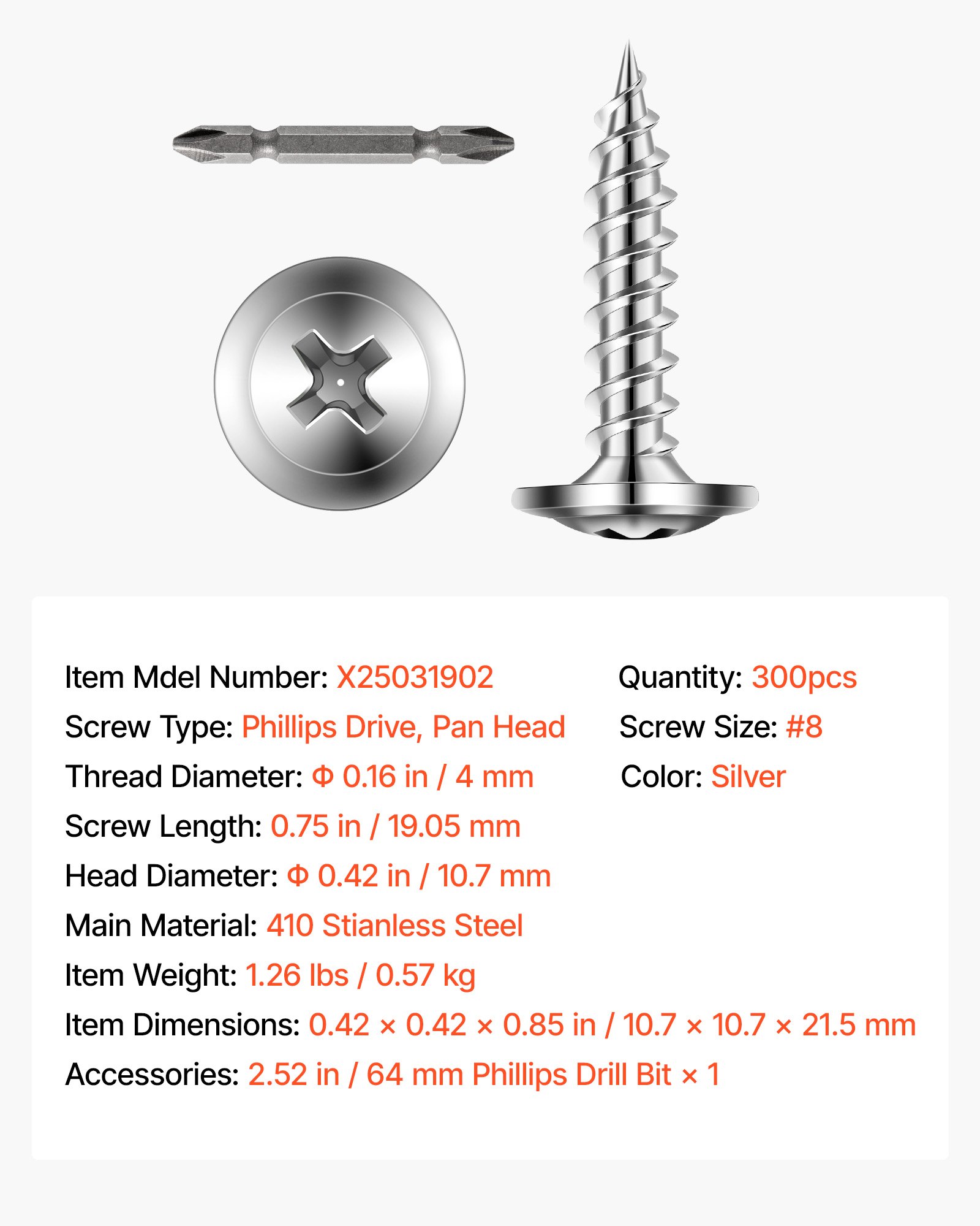VEVOR Screws, #8 x 3/4 inch Length Self Drilling Drywall to Wood Screw, All Purpose High-Hardness Stainless Steel Wall Anchors with a Phillips Drill Bit, Cross Slot for Home Renovation(300 per Box)