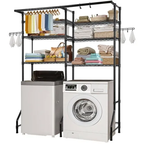 VEVOR Over Washer and Dryer Storage Shelves, 6 Tiers Laundry Room Drying Rack with Hanger Rod and Hooks, Two Rows Adjustable Washer Shelves Space Saver, for Laundry Room Storage & Organization, Black