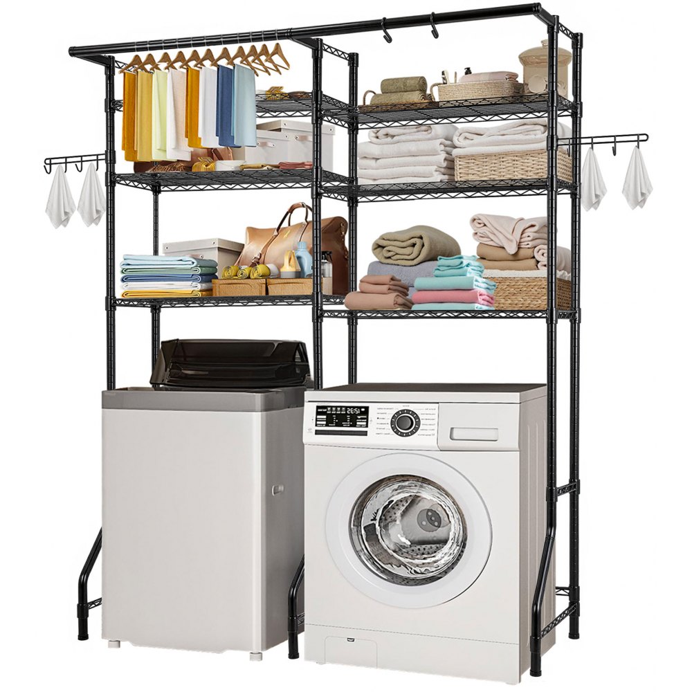 VEVOR Over Washer and Dryer Storage Shelves, 6 Tiers Laundry Room Drying Rack with Hanger Rod and Hooks, Two Rows Adjustable Washer Shelves Space Saver, for Laundry Room Storage & Organization, Black