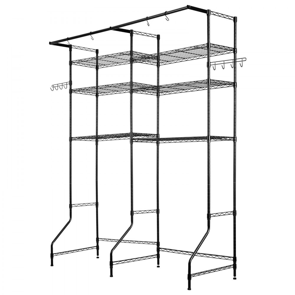 VEVOR Over Washer and Dryer Storage Shelves, 6 Tiers Laundry Room Drying Rack with Hanger Rod and Hooks, Two Rows Adjustable Washer Shelves Space Saver, for Laundry Room Storage & Organization, Black