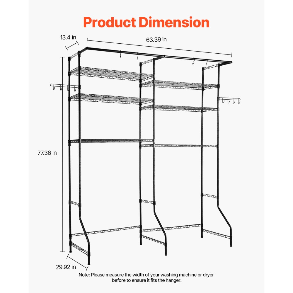 VEVOR Over Washer and Dryer Storage Shelves, 6 Tiers Laundry Room Drying Rack with Hanger Rod and Hooks, Two Rows Adjustable Washer Shelves Space Saver, for Laundry Room Storage & Organization, Black