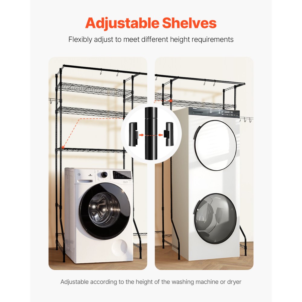VEVOR Over Washer and Dryer Storage Shelves, 6 Tiers Laundry Room Drying Rack with Hanger Rod and Hooks, Two Rows Adjustable Washer Shelves Space Saver, for Laundry Room Storage & Organization, Black