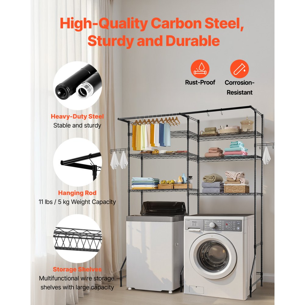 VEVOR Over Washer and Dryer Storage Shelves, 6 Tiers Laundry Room Drying Rack with Hanger Rod and Hooks, Two Rows Adjustable Washer Shelves Space Saver, for Laundry Room Storage & Organization, Black