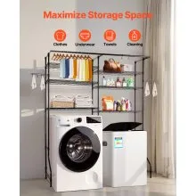 VEVOR Over The Washer and Dryer Storage Shelf, 6 Tier Laundry Room Drying Rack with Hanger Rod and Hooks, Adjustable Over Washer and Dryer Shelves, Laundry Room Shelf Storage Space Saver, Black