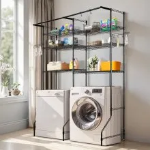VEVOR Over The Washer and Dryer Storage Shelf, 6 Tier Laundry Room Drying Rack with Hanger Rod and Hooks, Adjustable Over Washer and Dryer Shelves, Laundry Room Shelf Storage Space Saver, Black