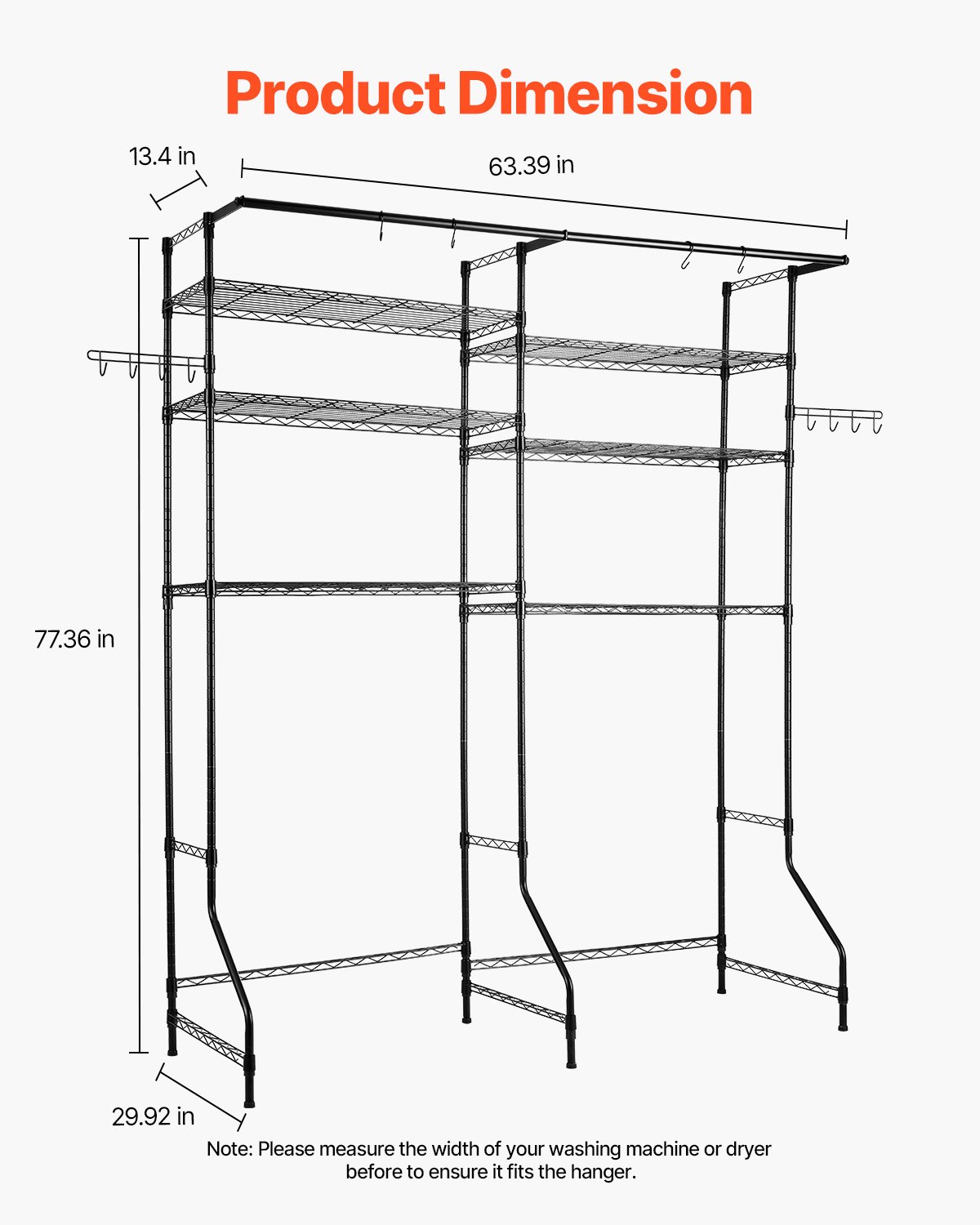 VEVOR Over Washer and Dryer Storage Shelves, 6 Tiers Laundry Room Drying Rack with Hanger Rod and Hooks, Two Rows Adjustable Washer Shelves Space Saver, for Laundry Room Storage & Organization, Black