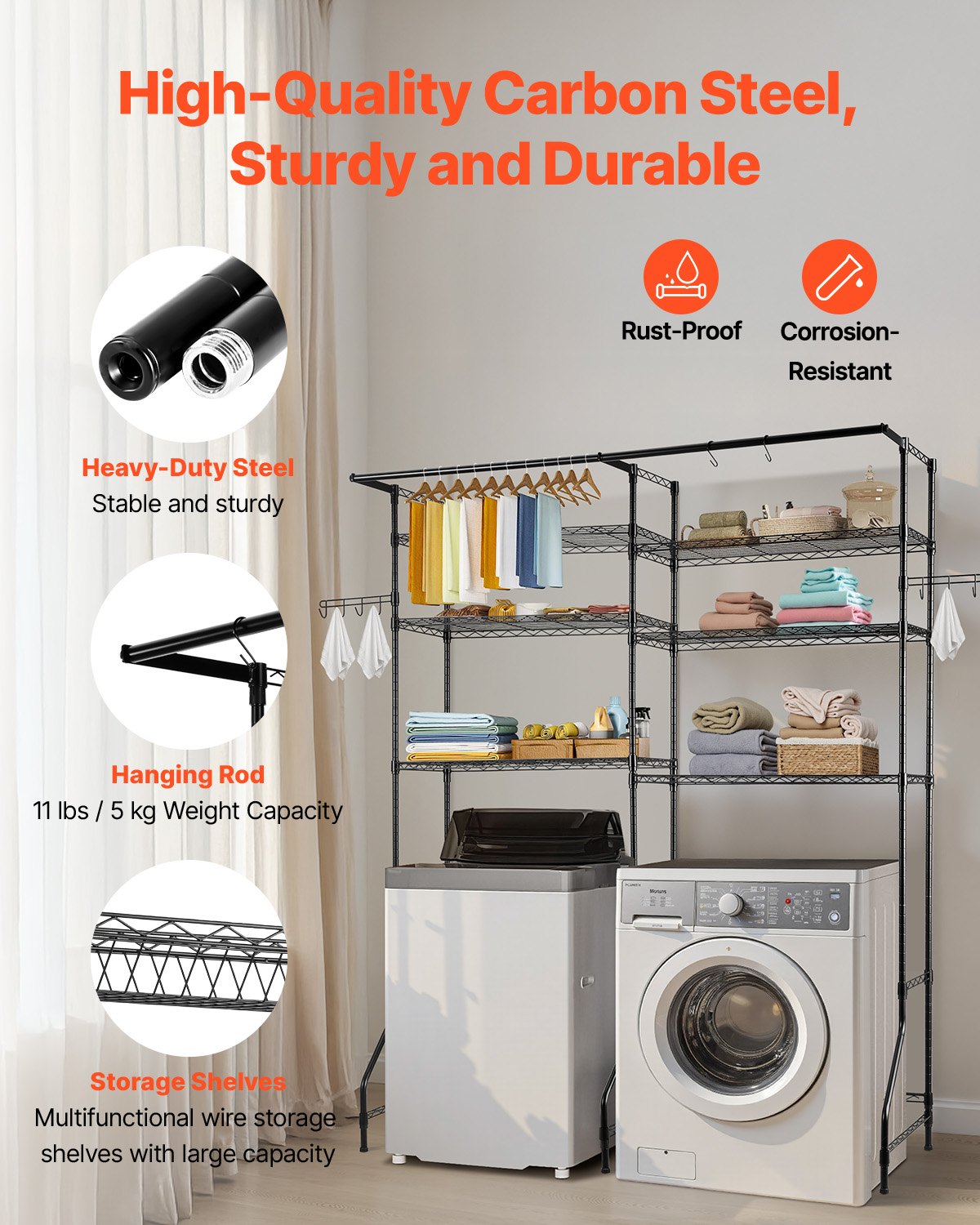 VEVOR Over Washer and Dryer Storage Shelves, 6 Tiers Laundry Room Drying Rack with Hanger Rod and Hooks, Two Rows Adjustable Washer Shelves Space Saver, for Laundry Room Storage & Organization, Black