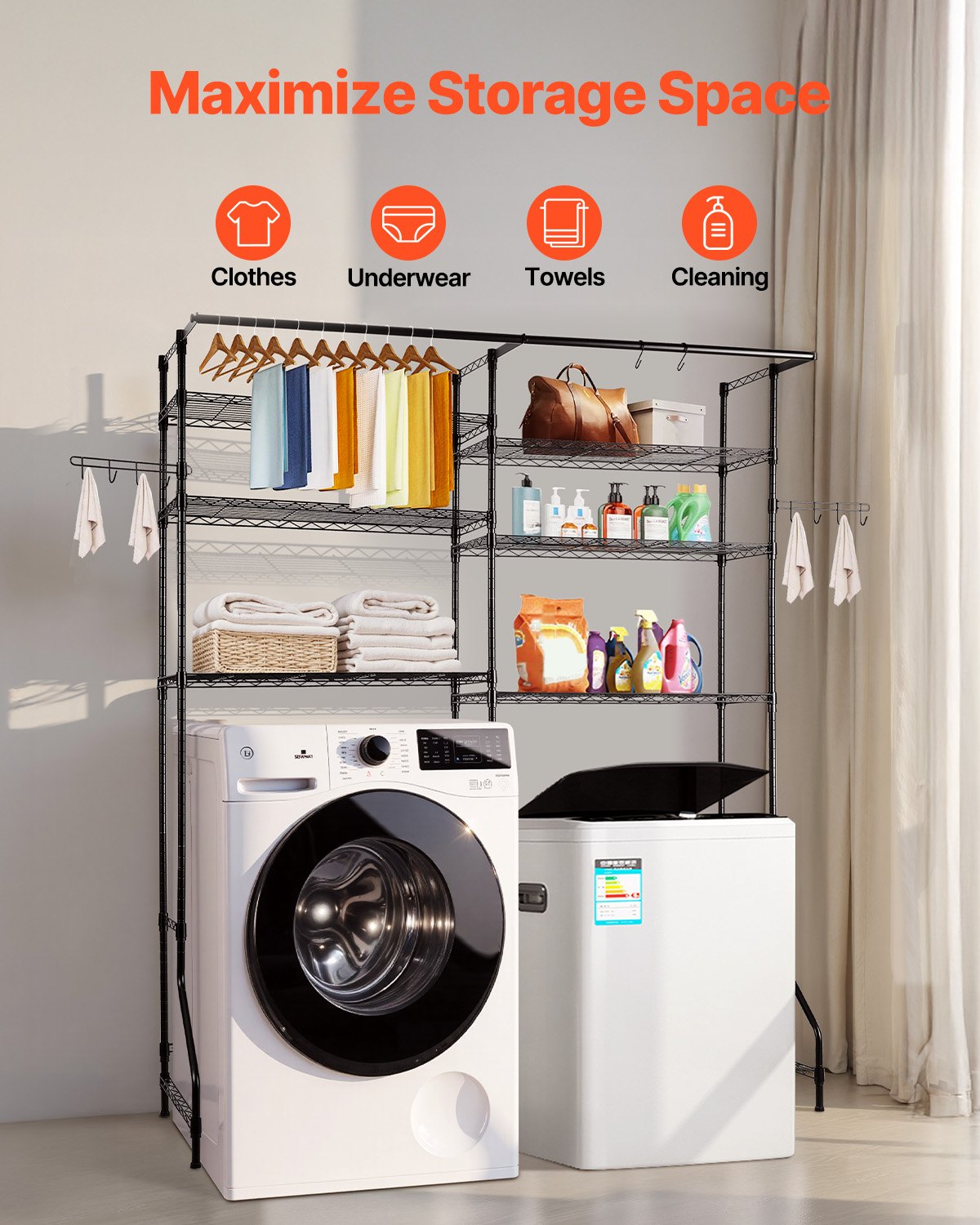 VEVOR Over Washer and Dryer Storage Shelves, 6 Tiers Laundry Room Drying Rack with Hanger Rod and Hooks, Two Rows Adjustable Washer Shelves Space Saver, for Laundry Room Storage & Organization, Black