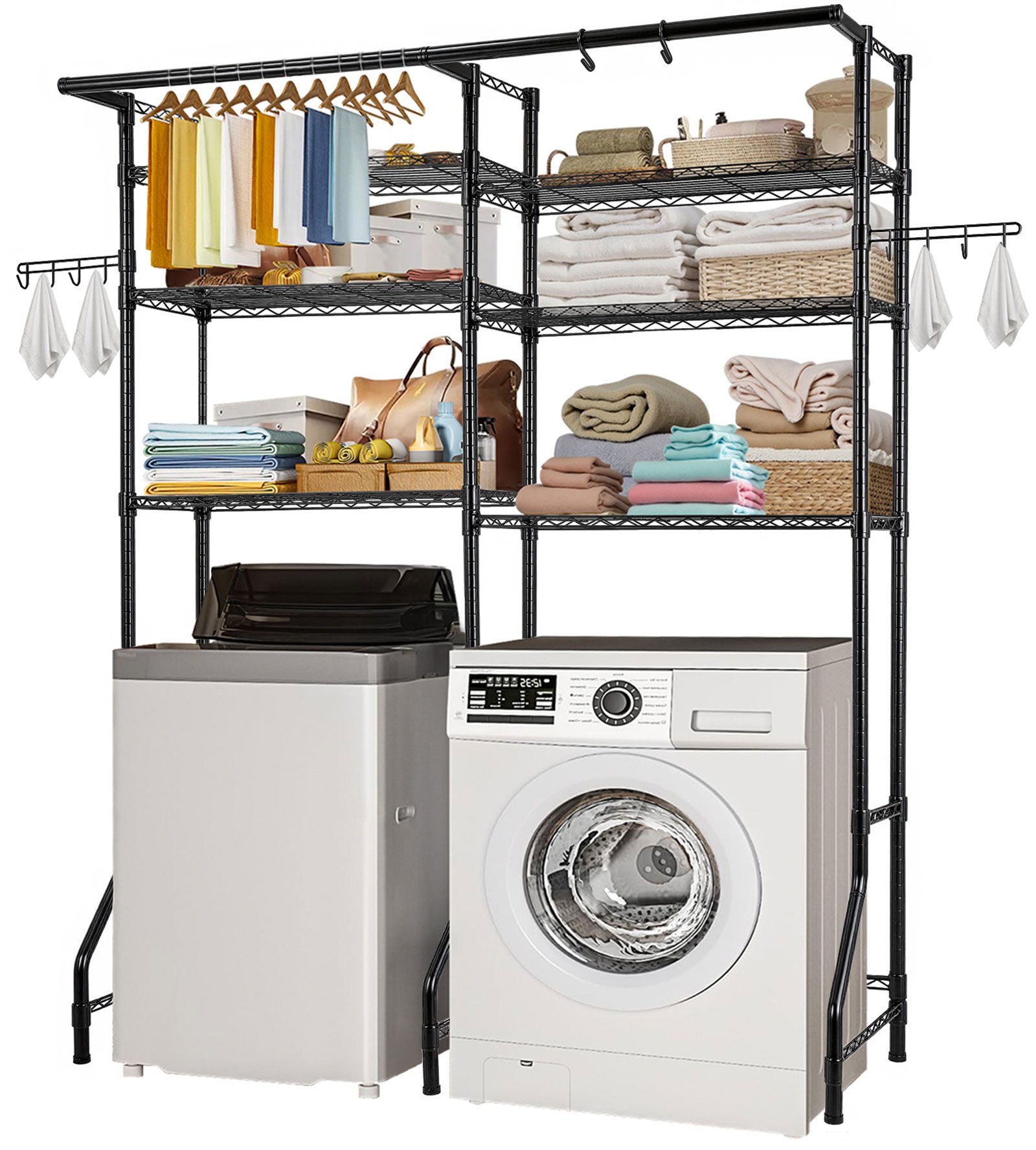 VEVOR Over Washer and Dryer Storage Shelves, 6 Tiers Laundry Room Drying Rack with Hanger Rod and Hooks, Two Rows Adjustable Washer Shelves Space Saver, for Laundry Room Storage & Organization, Black