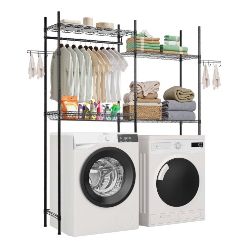 VEVOR Over The Washer and Dryer Storage Shelf, 4 Tier Laundry Room Drying Rack with Hanger Rod and Hooks, Adjustable Over Washer and Dryer Shelves, Laundry Room Shelf Storage Space Saver, Black
