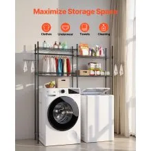 VEVOR Over The Washer and Dryer Storage Shelf, 4 Tier Laundry Room Drying Rack with Hanger Rod and Hooks, Adjustable Over Washer and Dryer Shelves, Laundry Room Shelf Storage Space Saver, Black